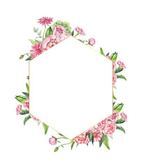 Watercolor floral illustration - leaves and branches frame with flowers and leaves for wedding stationary, greetings, wallpapers, background. Roses, green leaves. High quality illustration