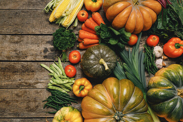 Beautiful arrengament of autumn vegetables on wooden table