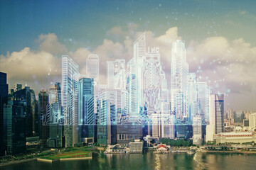 Fototapeta premium Double exposure of buildings hologram over cityscape background. Concept of smart city.