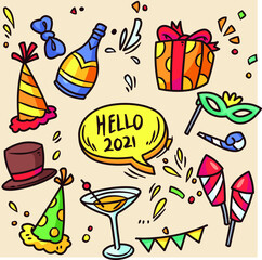 Hand drew new year party element collection. Decorative elements for Merry Christmas or New Year's Eve Party. Hand drawn vector illustration.