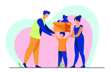 Happy family with child adopting pet. Vector illustration for animal care, adoption, charity concept.