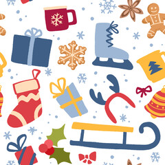 Decorative vector seamless pattern with Christmas and New Year decoration.