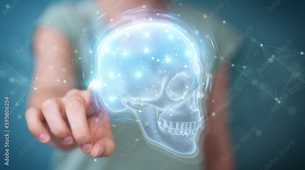 Aufkleber Woman using digital x-ray skull holographic scan projection 3D rendering