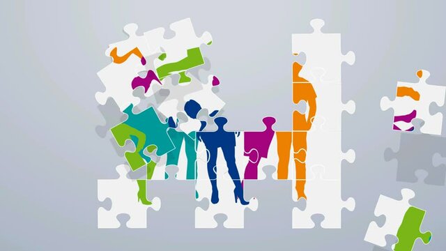 Concept of forming a work team. Pieces of a puzzle that stick together to form a teamwork with the silhouettes of some people. Animated illustration