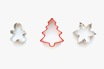 metal cookie cutter on white background, Christmas cookies, Christmas tree cookie cutters