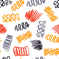 Fototapeta premium Hand-drawn abstract vector seamless pattern. Colored bright orange, gray doodles on a white background. For prints of fabric, textile products, packaging.