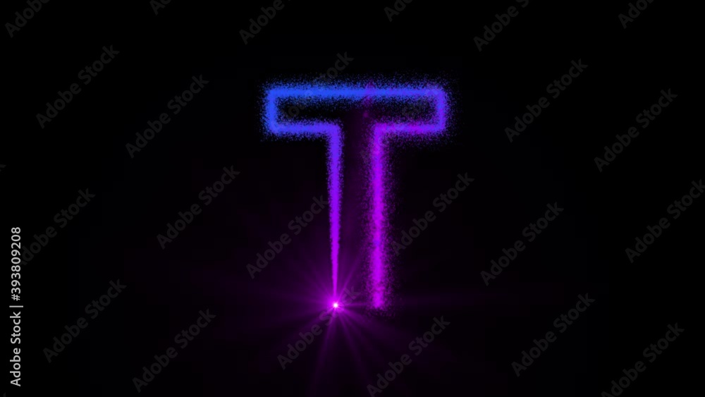 Poster t - glowing point of light shapes the outline of the letter t and dissolves it into particles of col