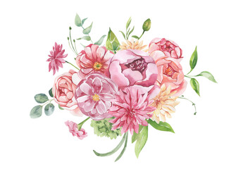 Watercolor floral illustration - leaves and branches frame with flowers and leaves for wedding stationary, greetings, wallpapers, background. Roses, green leaves. High quality illustration