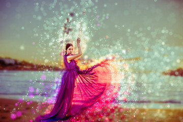 Woman in purple Flying Dress Fluttering on Wind with bokeh, Girl in Waving Gown on Sundown Sea