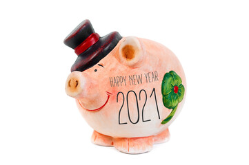 Miniature pig isolated with happy new year 2021 and german translation frohes neues jahr 2021