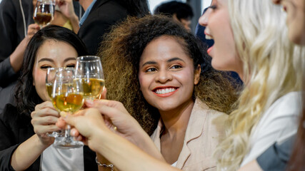 Multiethnic group of women clinking champagne glasses. Business party. Celebration of special occasion.