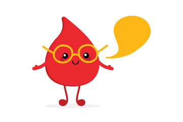 Cute cartoon style red blood drop character with speech bubble, talking, giving advice or information.

