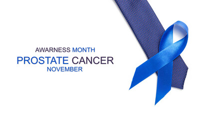 Cancer people. Blue ribbon, fashion tie isolated on white background. Awareness prostate cancer of men health in November. Man Healthcare and World cancer day concept.