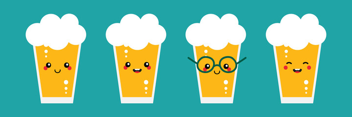 Set, collection of cute and happy cartoon style  glasses of lager beer characters for International Beer Day, Oktoberfest, Saint Patricks Day.