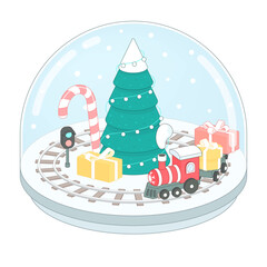 Snowball with winter house, showing, fir tree. Magic transparent ball with christmas tree. New year winter toy souvenir. 3d isometric vector illustration - 393812879