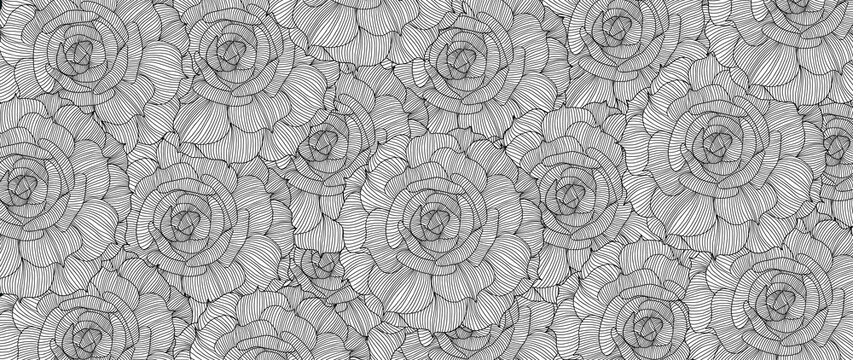 Luxury wallpaper design with Black and white lotus flower line arts.  Design for fabric, prints and background texture, Vector illustration.