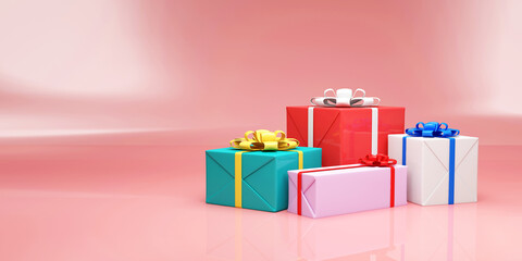 Obraz premium Heap of Gift Boxes on a Colorful Packages on pink studio background