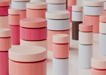 Abstract 3d render, composition, pink, orange and lights blues colors. Geometric shapes.