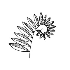 A small branch with leaves twisted into a spiral. Black and white hand-drawn image isolated on white background. Tracing.