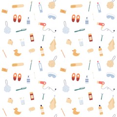 Seamless pattern with bathroom cosmetic products flat vector illustration.