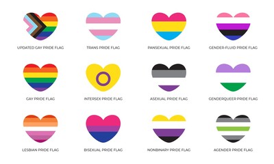 LGBTQ+ sexual identity pride flags collection. Heart shape with flag of gay, transgender, bisexual, lesbian etc. 