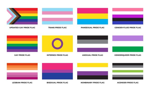 LGBTQ+ sexual identity pride flags collection. Flag of gay, transgender, bisexual, lesbian etc. 