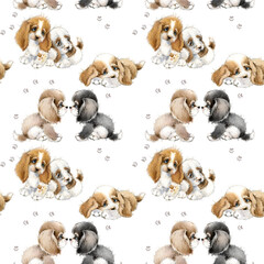 Cute funny cartoon dogs seamless pattern. watercolor puppy pet characters