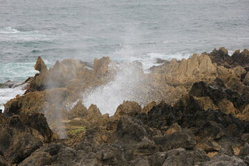 ギザギザした特殊な形状の岩場に強い波があたり、砕けて高く噴き上がる様子