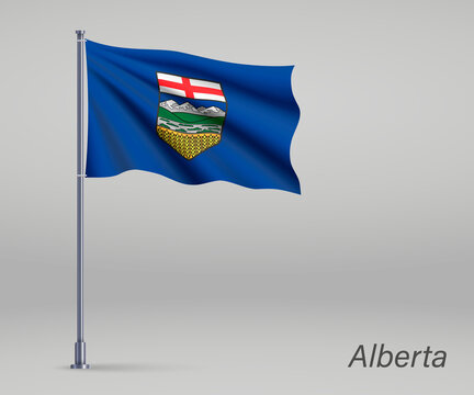 Waving flag of Alberta - province of Canada on flagpole. Template for independence day poster design