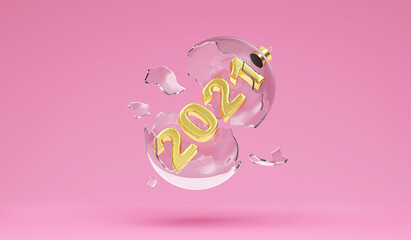 Broken Glass Christmas Ball with Gold 2021 inside on pink studio background