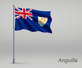 Waving flag of Anguilla - territory of United Kingdom on flagpole. Template for independence day poster design