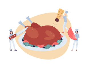 Tiny chefs serving Thanksgiving festive turkey flat vector illustration isolated.