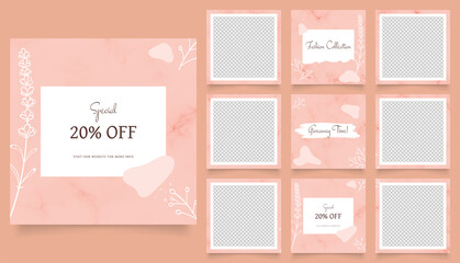 social media template banner fashion sale promotion. fully editable instagram and facebook square post frame puzzle organic sale poster. peach pink brown color vector background