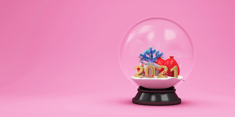 Crystal Ball with Gold 2021 New Year Symbol and Different Christmas Accessories on pink studio background