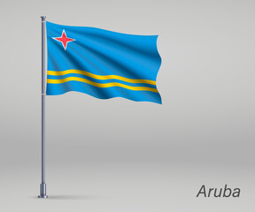 Waving flag of Aruba - province of Netherlands on flagpole. Template for independence day poster design