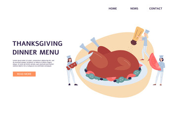 Thanksgiving dinner menu web page template with chefs flat vector illustration.