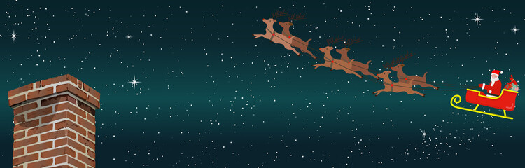 Obraz na płótnie Canvas Santa on a reindeer sleigh flying in the starry sky, Brick chimney, Christmas, night, web banner, web header, footer, flier, blue, frame, copy space, vector illustration, graphic, landscape, 
