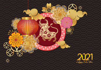 Happy new year 2021 of the ox. Zodiac sign for greetings card, invitation, posters, brochure, calendar, flyers, banners