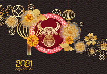 Happy new year 2021 of the ox. Zodiac sign for greetings card, invitation, posters, brochure, calendar, flyers, banners