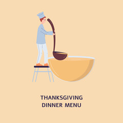 Thanksgiving dinner menu cover with tiny chief cook, flat vector illustration.