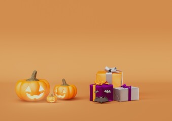 3D Render, Cute Jack o lantern pumpkin Happy halloween trick or treat. On orange background with  bats and gifts.