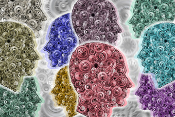Human head silhouettes with gears and mechanisms in the head. Brainstorm. Unusual thinking and...