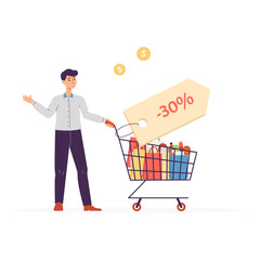 Happy smiling buyer with shopping cart flat vector illustration isolated.