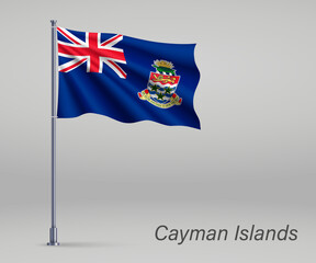 Waving flag of Cayman Islands - territory of United Kingdom on flagpole. Template for independence day poster design