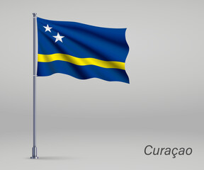 Waving flag of Curacao - province of Netherlands on flagpole. Template for independence day poster design