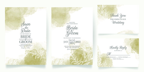 floral wedding invitation template set with elegant leaves decoration