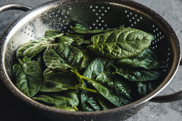 Fresh mini spinach in a colander on the old concrete table. Healthy food, eco product. Vegan