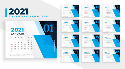 abstract 2021 new year calendar in blue geometric shapes style