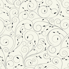 Elegant repetitive thin curly with leaf. Seamless pattern with decorative floral. Monochrome vector background.