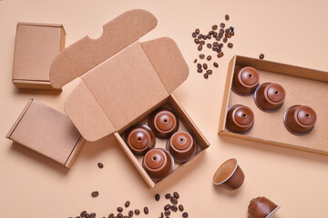 Coffee machine pods, capsules in brown carton box, package